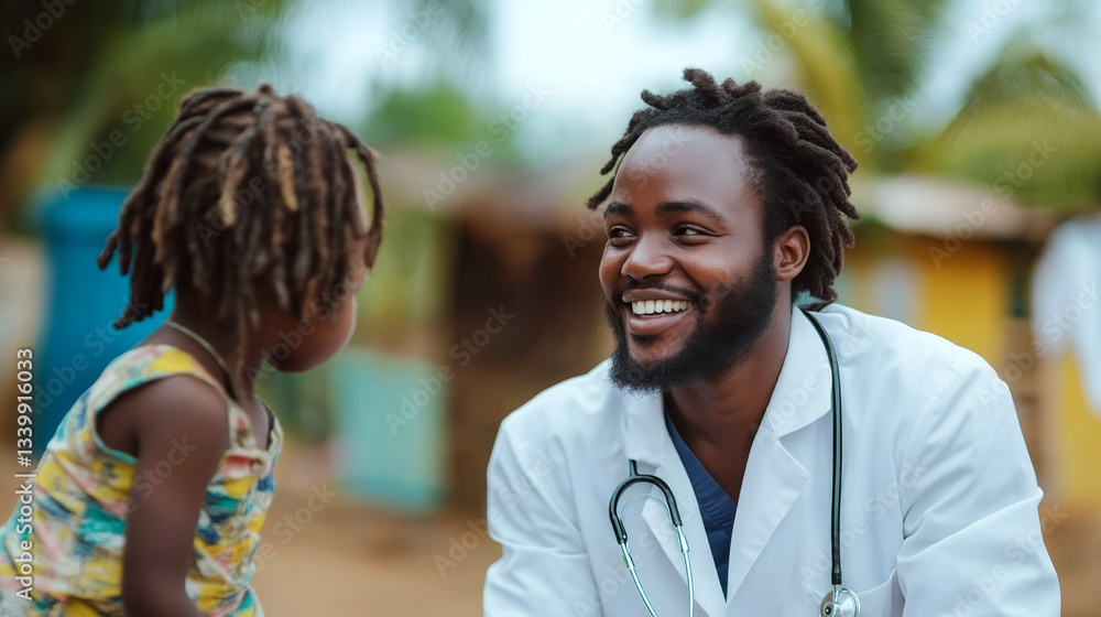 Doctor in a white coat with a stethoscope smiles warmly at a child outdoors. Concept of healthcare and community connection. For healthcare promotion.
