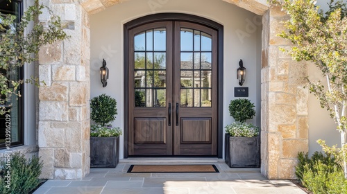Elegant front door design luxury home entrance photography outdoor setting wide angle modern aesthetics