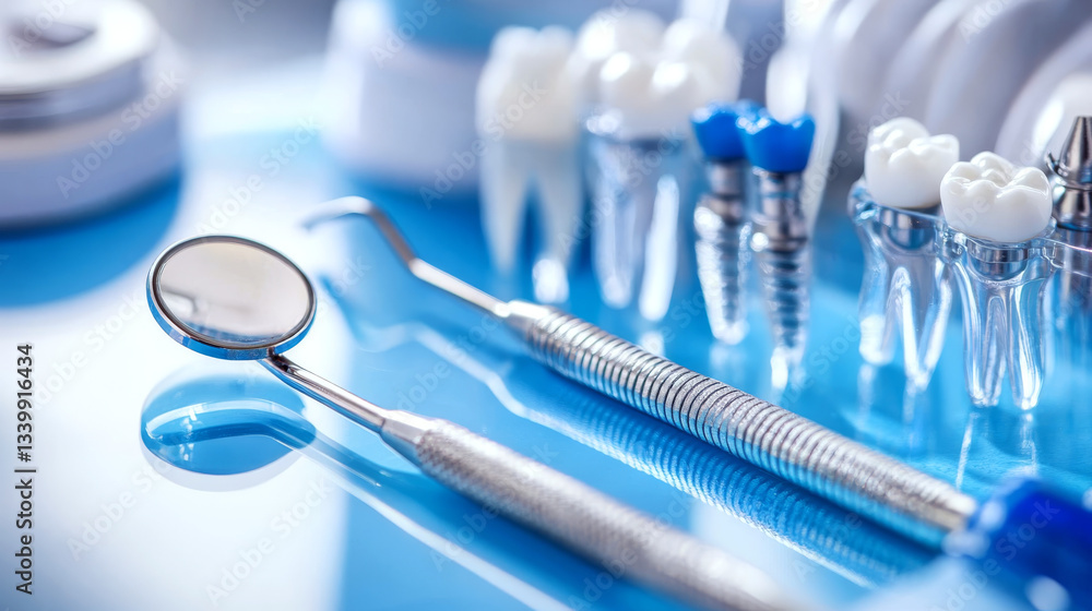 Dental tools, including a mirror and probe, are displayed on a blue surface with model teeth and implants in the background. Concept of dental care and equipment. For dental clinic promotions