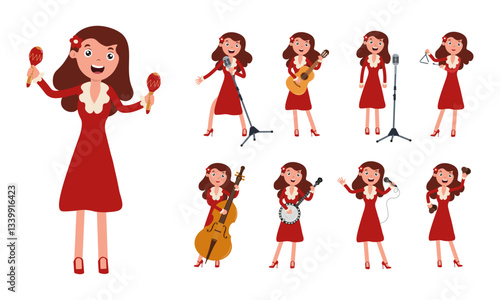 Woman in red dress performing various musical activities with instruments and microphones