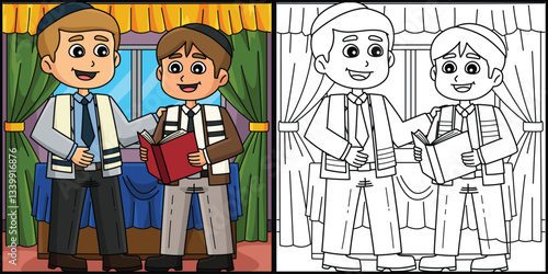 Bar Mitzvah Boy with a Rabbi Coloring Illustration