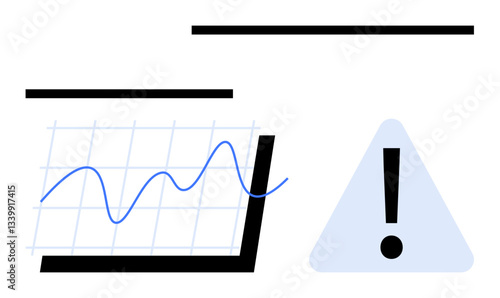 Line chart with rising and falling trends on grid beside triangular exclamation mark signal. Ideal for risk analysis, data forecasting, business performance, alert systems, decision-making, data