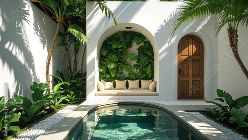 A minimalist tropical villa design with a uniquely shaped small swimming pool, surrounded by lush green plants. The clean white walls feature Mediterranean-style architecture, including an elegant arc