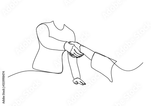 Elegant continuous line drawing of two people shaking hands, symbolizing cooperation, business agreement, partnership, or mutual respect in a simple and modern style