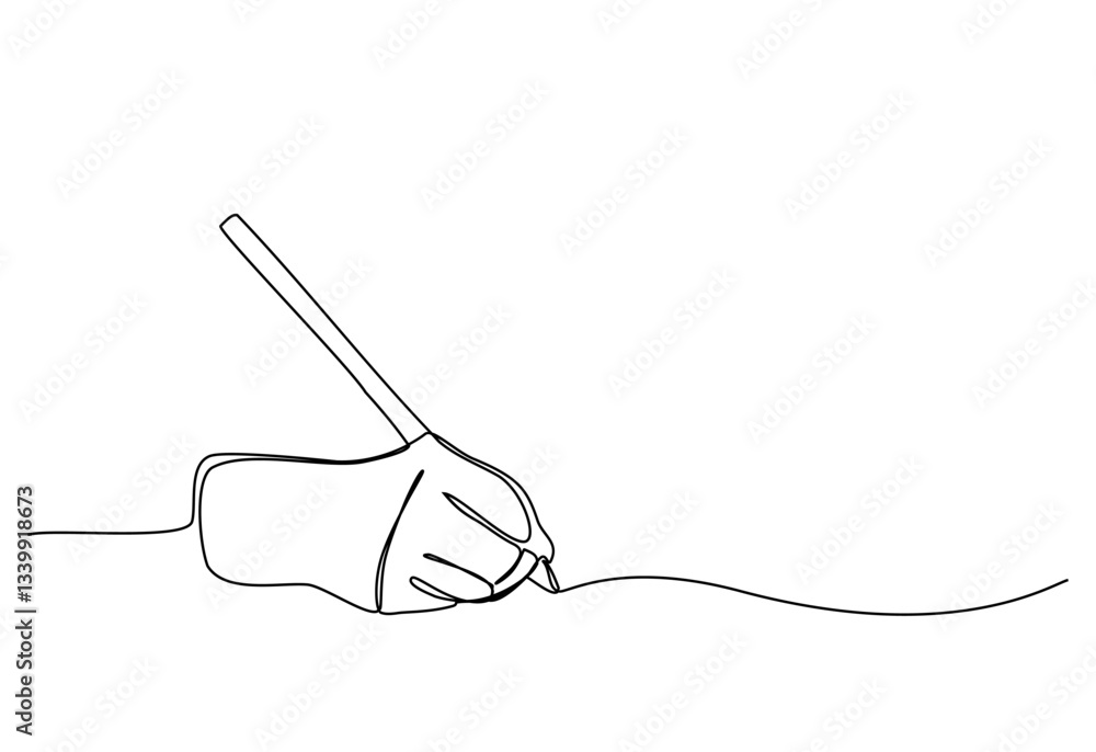 Fototapeta premium hand holding a pen writing in one line drawing, continuous line art