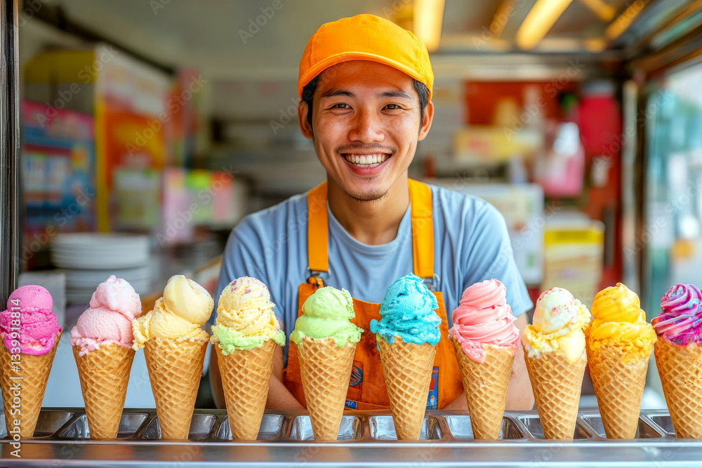 Smiling man in an orange cap stands behind a row of colorful ice cream cones on a counter. Concept of ice cream vendor and dessert display. For dessert advertisement.