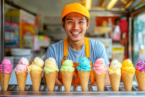 Obraz na płótnie Smiling man in an orange cap stands behind a row of colorful ice cream cones on a counter. Concept of ice cream vendor and dessert display. For dessert advertisement. w salonie