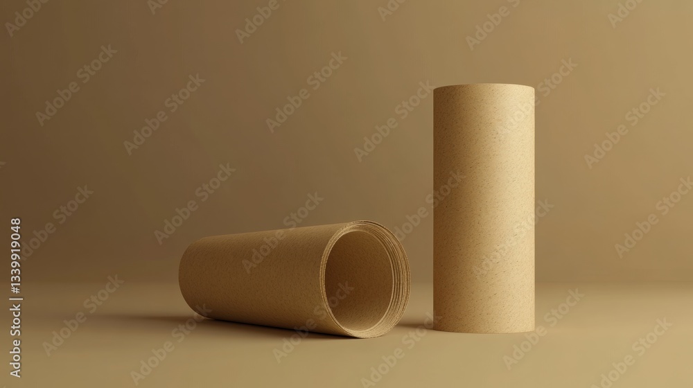 Abstract composition of brown cylindrical paper rolls on a seamless beige background showcasing minimalistic design and versatility in creative applications Abstract composition of brown cylindrical paper rolls on a seamless beige background showcasing minimalistic design and versatility in creative applications
