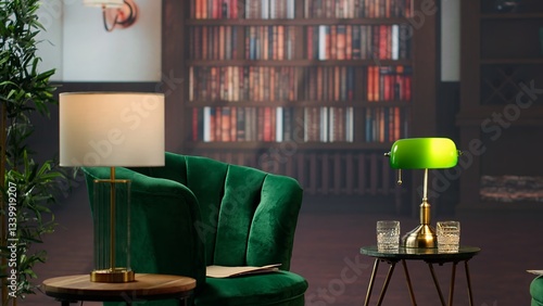 Stylish refined library lounge space featuring vintage decor and warm lighting, whiskey glasses on a table evoking the upscale atmosphere of old money. Success and aristocracy partnerships.