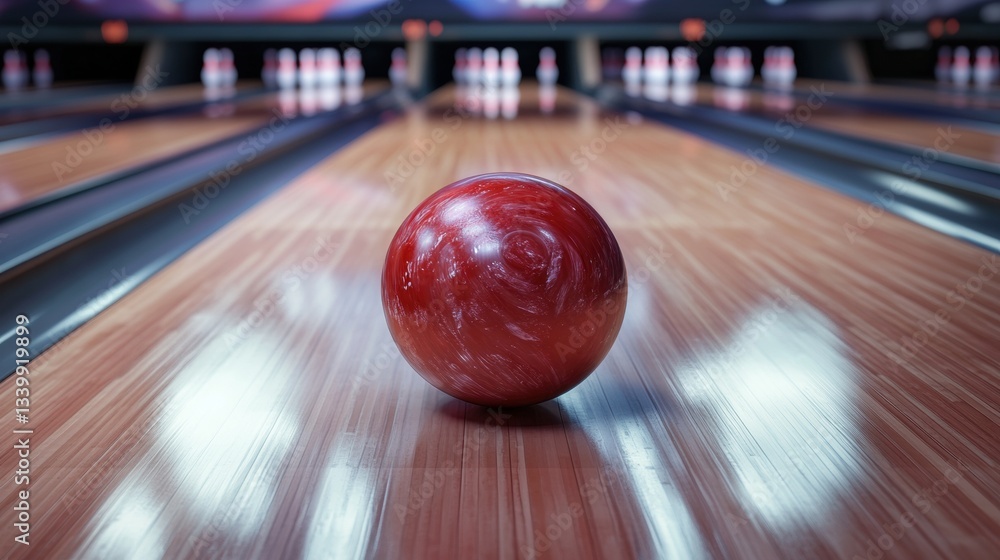Fototapeta premium Close-Up of a Red Bowling Ball Rolling Towards Pins on a Shiny Bowling Alley Lane in a Modern Bowling Center with Reflections and Bright Lighting