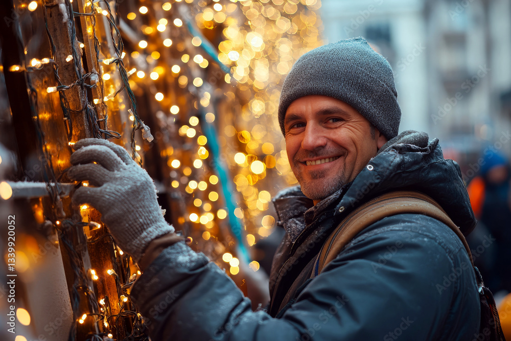 A man in winter clothing adjusts string lights outdoors, smiling warmly. Concept of winter holiday preparation. For festive or holiday-themed content.
