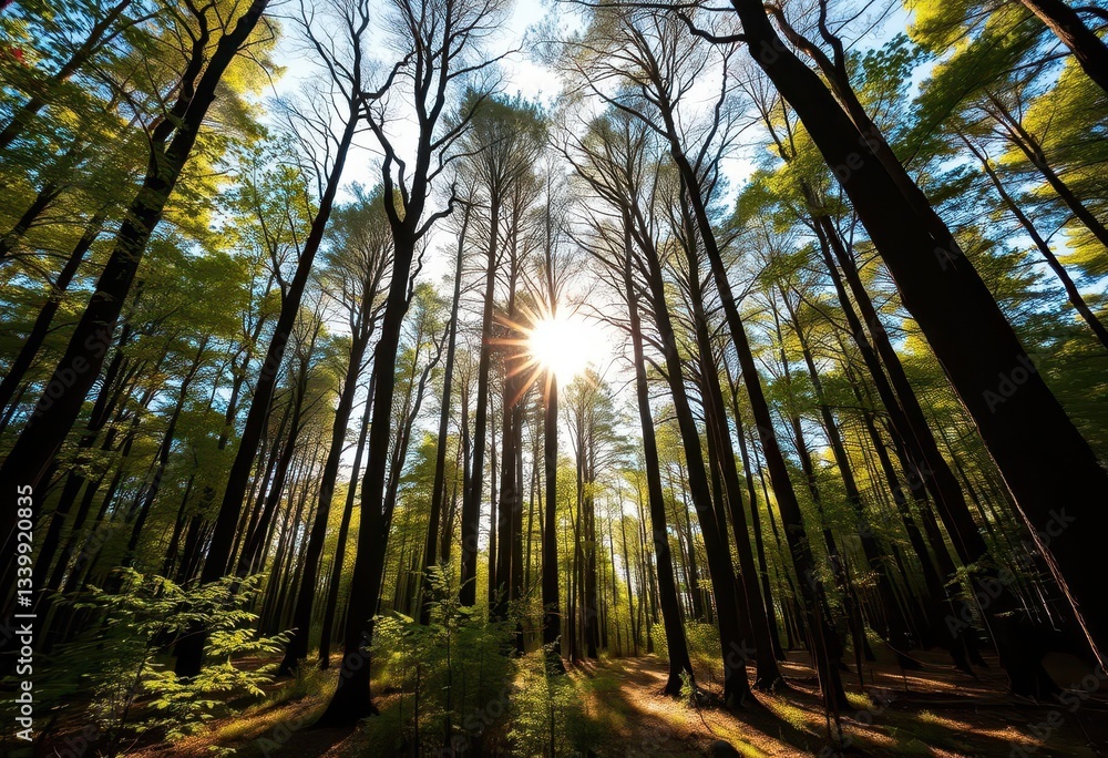 Naklejka premium Sunlight dapples a forest floor, illuminating upward-reaching tree branches, trunk, growth