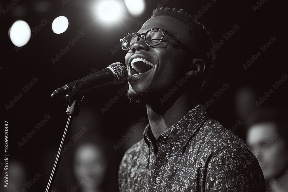 A man passionately sings into a microphone on stage with bright lights behind him. Concept of music and performance. For concert promotion.