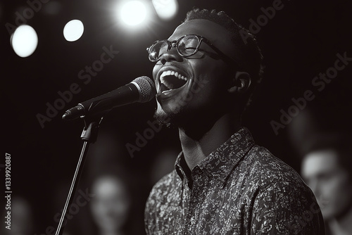 Obraz na płótnie A man passionately sings into a microphone on stage with bright lights behind him. Concept of music and performance. For concert promotion. w salonie