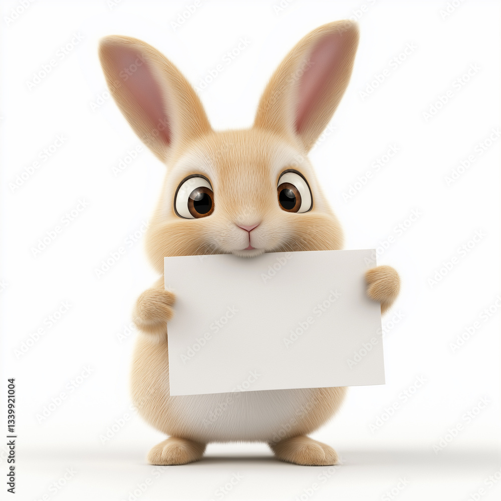 Obraz premium Cute bunny holding a blank white sign, isolated on a white background