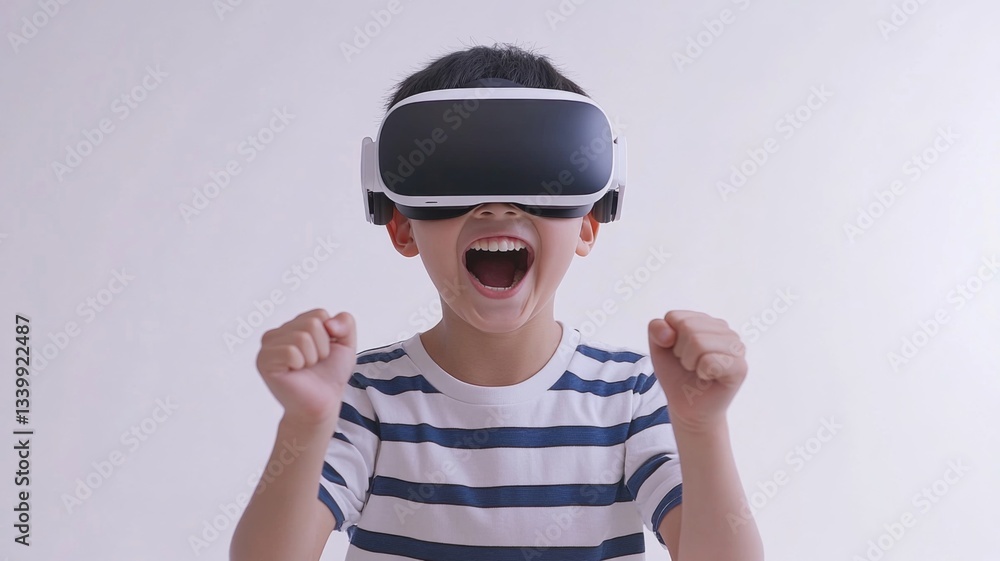 Excited Boy Experiencing Virtual Reality Headset Technology Excited Boy Experiencing Virtual Reality Headset Technology