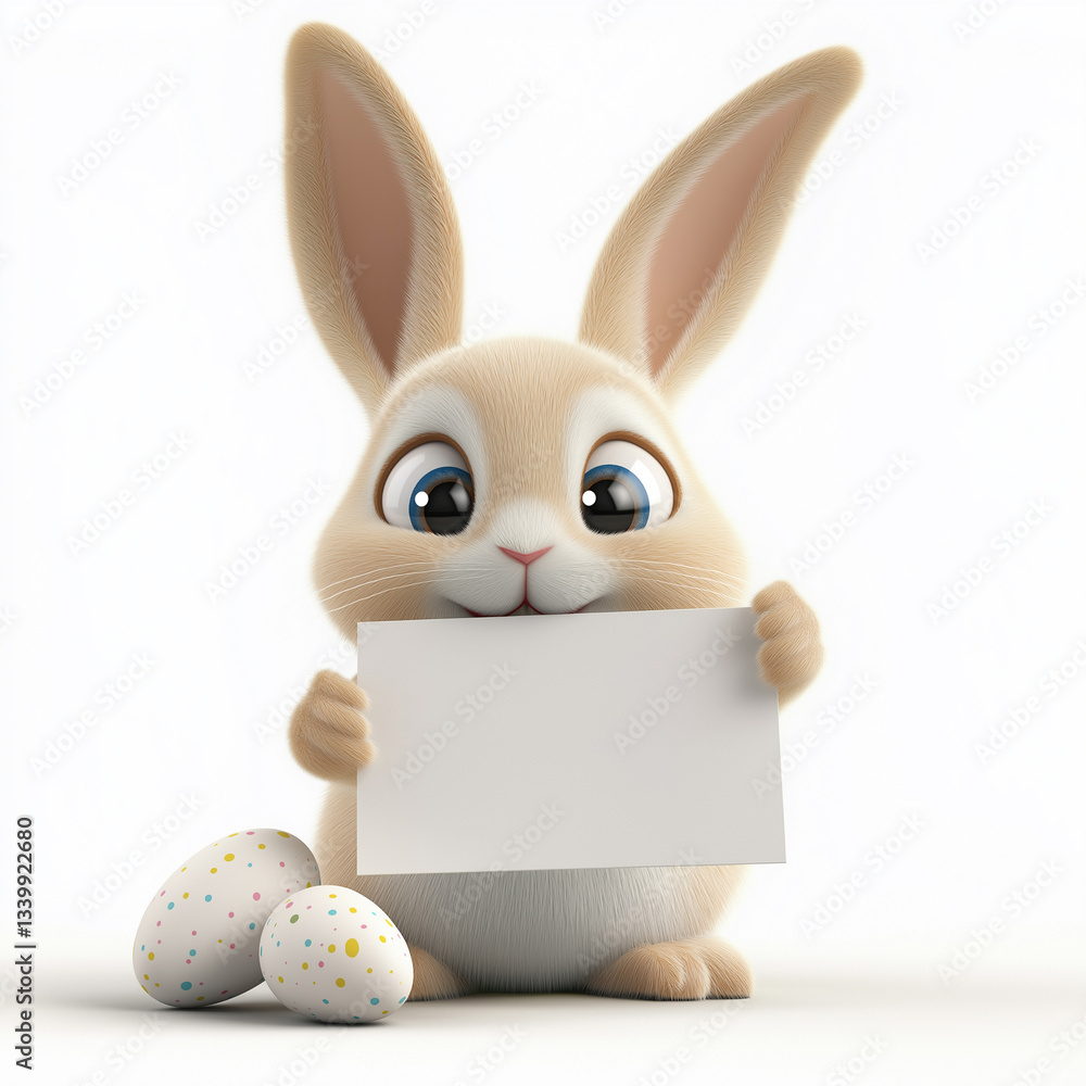 Obraz premium 3d cartoon Easter bunny holding a blank white sign, isolated on a white background