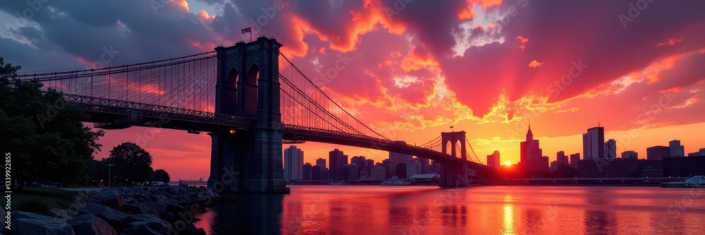 Brooklyn Bridge silhouette against fiery sunset sky, manhattan, golden hour Brooklyn Bridge silhouette against fiery sunset sky, manhattan, golden hour