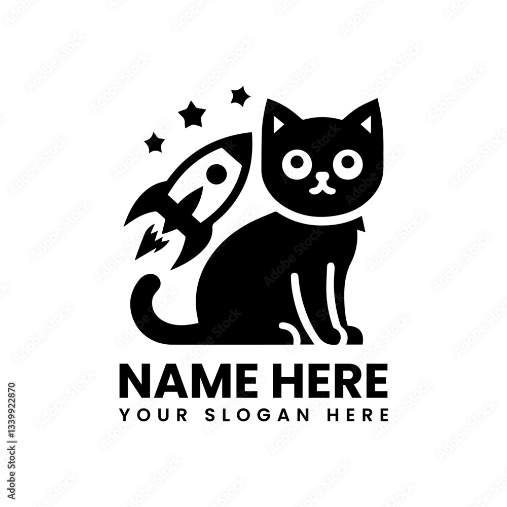 Monochrome cat and spaceship illustration. Fantasy pet space art Monochrome cat and spaceship illustration. Fantasy pet space art