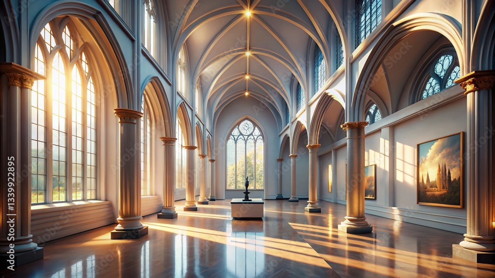 Fototapeta premium 70s Futuristic Museum: Sunlight Streaming Through Gothic Architecture