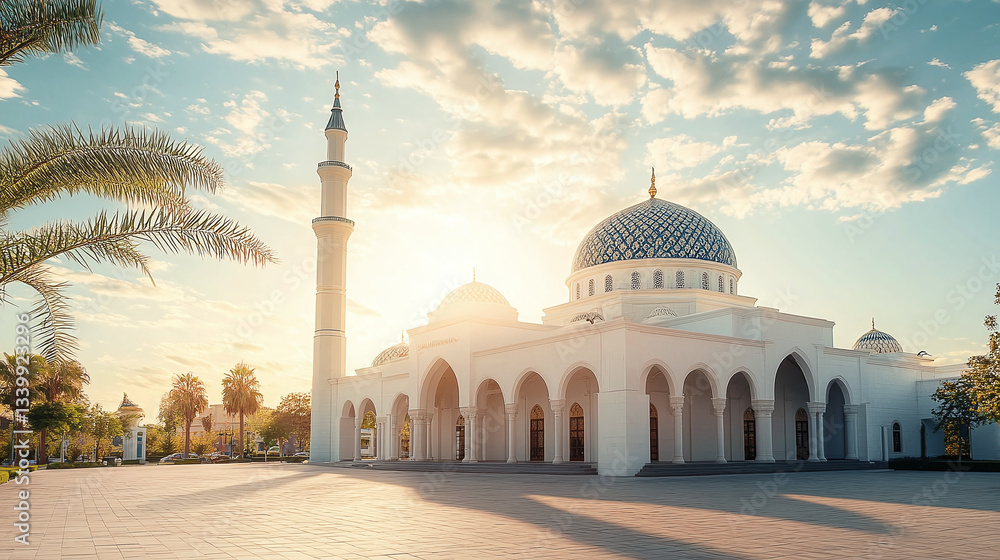 Obraz premium Serene white mosque under a bright sky. Peaceful scene