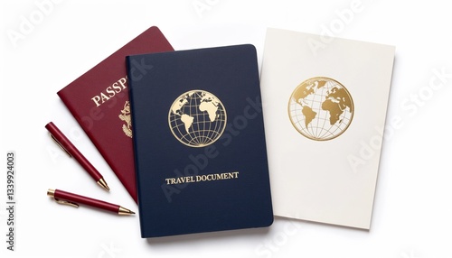 Elegant travel documents and passports with gold world map design.
