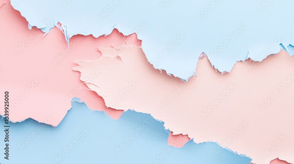 Obraz premium Torn paper in pastel pink and blue creating abstract landscape, modern art concept