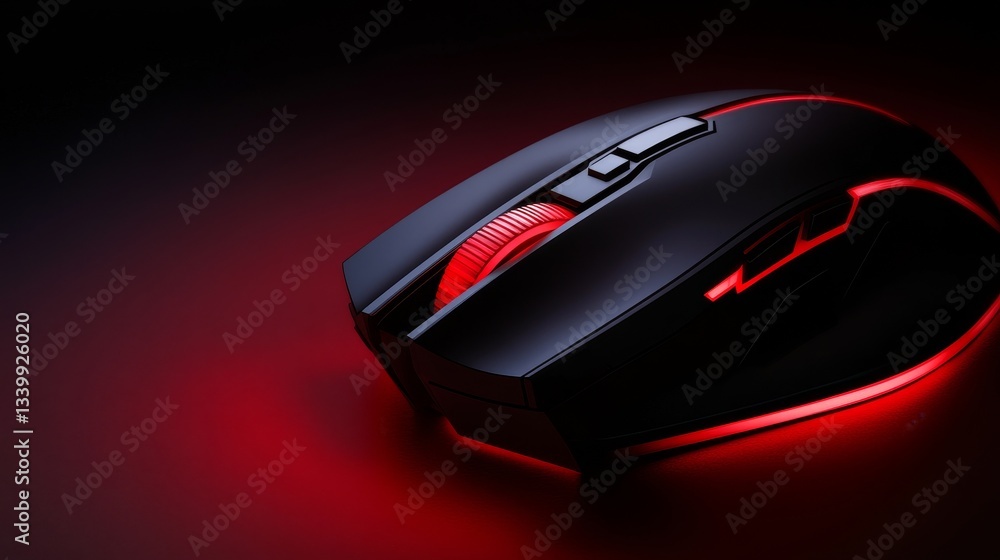 Sleek gaming mouse with red LED lighting on a dark background, showcasing modern design Sleek gaming mouse with red LED lighting on a dark background, showcasing modern design