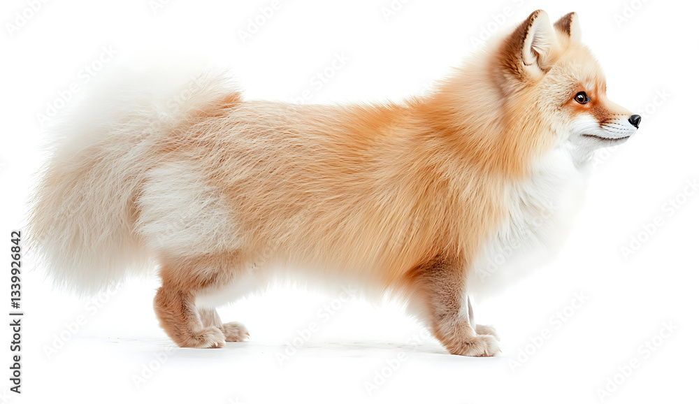 Obraz premium Fluffy orange dog standing side view, showcasing its vibrant fur and playful expression, perfect for pet lovers and animal enthusiasts