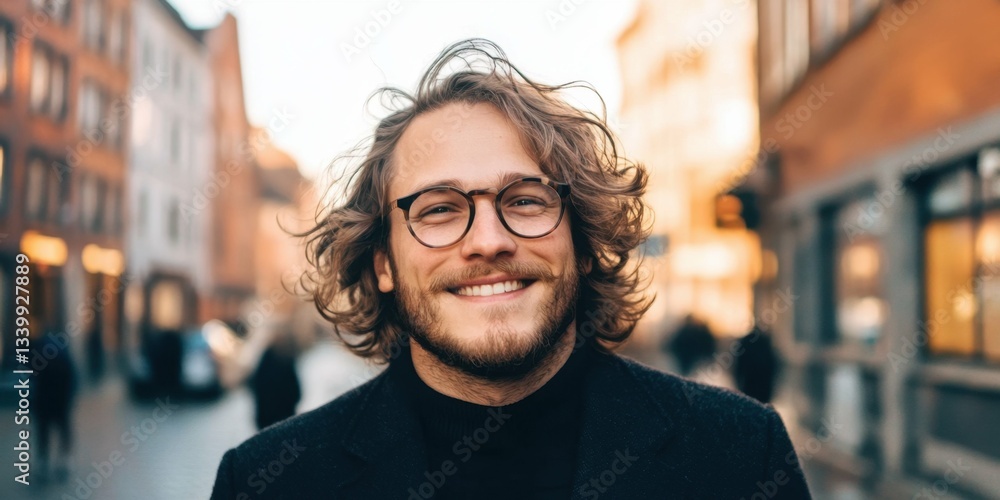 Warm smile of a stranger in front of a cozy cafe on a busy street