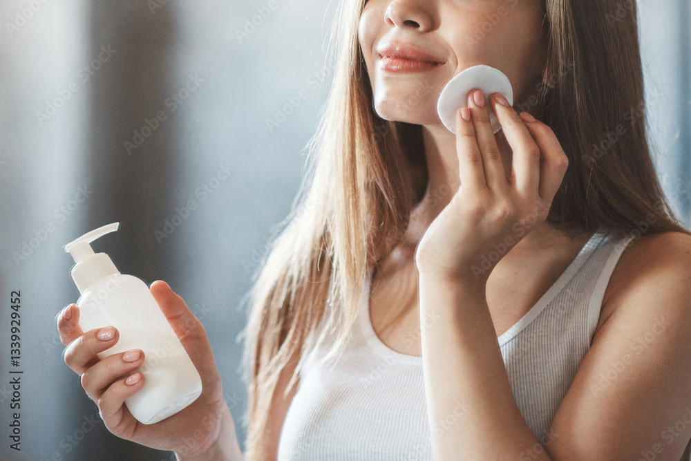 Skin care concept. Beautiful millennial woman removing makeup from her face near mirror at home Skin care concept. Beautiful millennial woman removing makeup from her face near mirror at home
