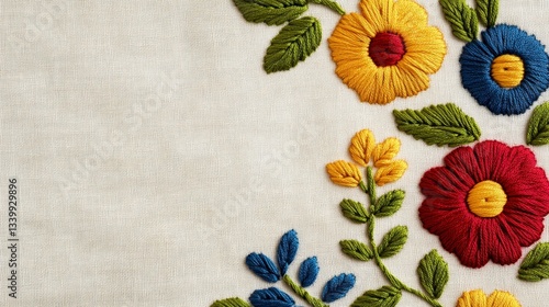 Colorful Floral Embroidery on Textured Fabric
