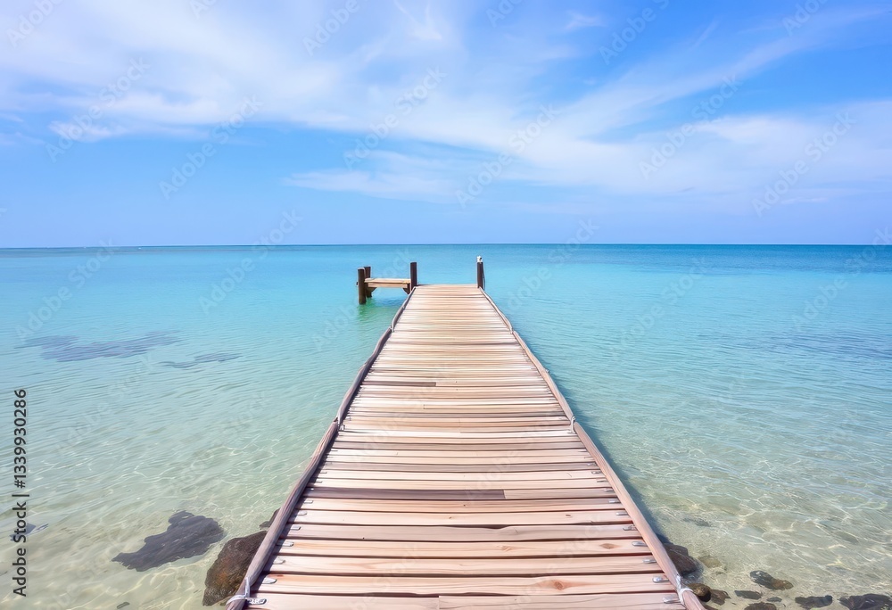 Obraz premium Wooden pontoon extending over calm beach waters, tropical, holiday
