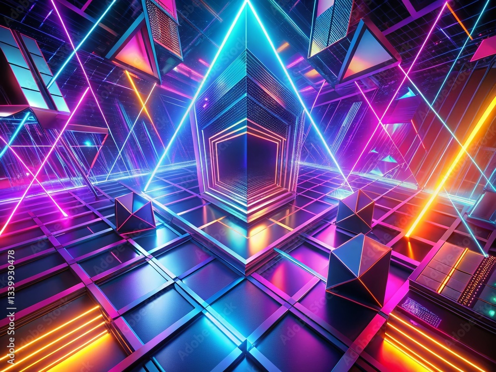 Abstract Geometric Background: Ultraviolet Neon Lines & 3D Render Shapes Abstract Geometric Background: Ultraviolet Neon Lines & 3D Render Shapes