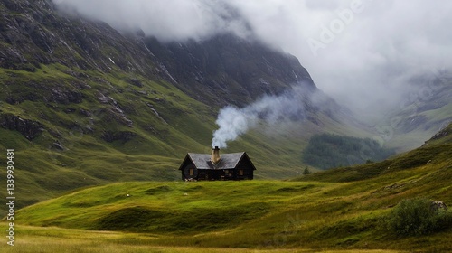 A hidden valley with a secluded cabin and a photo