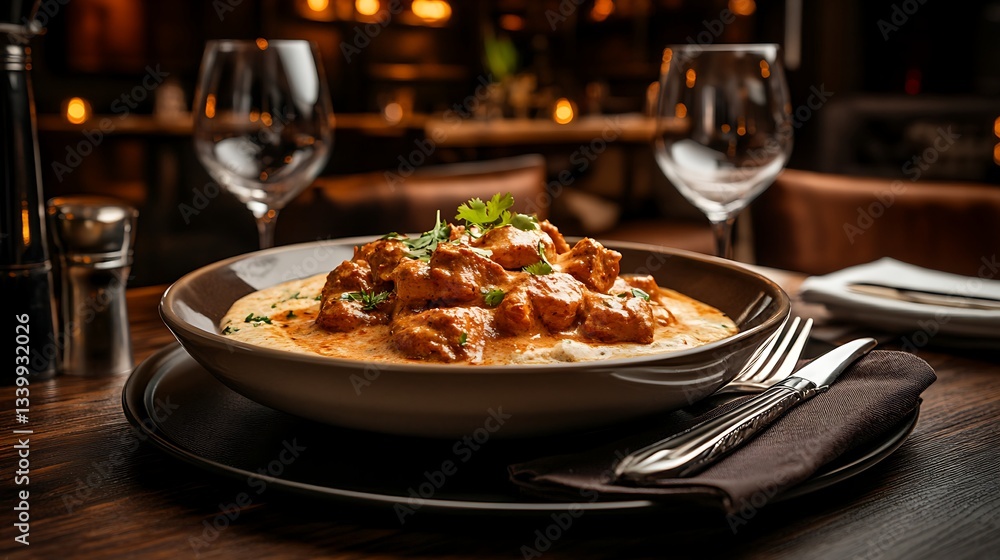 An elegant plating of butter chicken in a fine dining setting