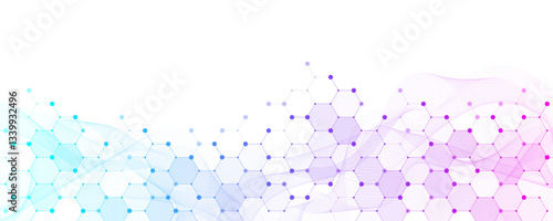 Modern health care or medical background design. Health care innovation concept. Horizontal header web banner. Abstract geometric background with hexagon shapes for medicine, science, chemistry.