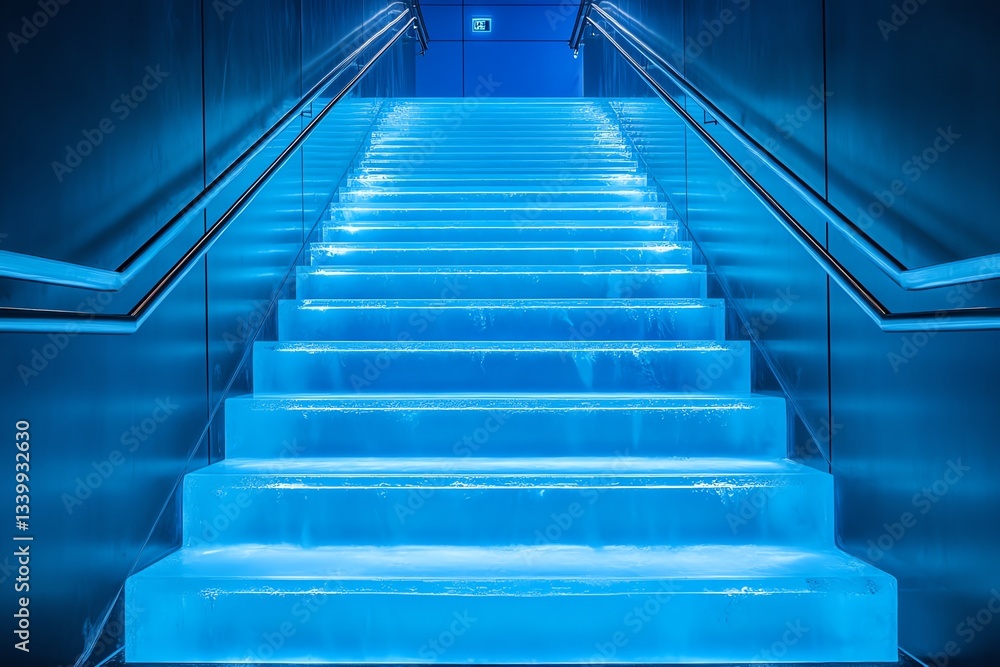 Obraz premium Glowing Blue Staircase Modern Architecture Interior Design