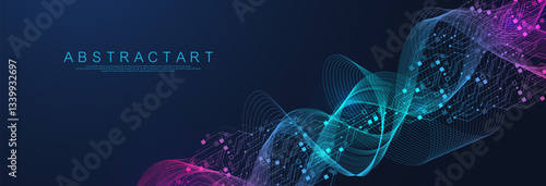 Artificial Intelligence or machine learning vector design. Quantum computer technology concept with circuit board and motherboard texture background design. Waves flow quantum explosion