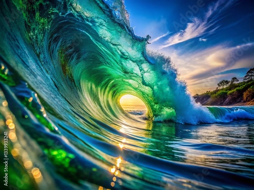 Abstract Green Blue Ocean Wave Closeup - Low Light Photography Stock Photo
