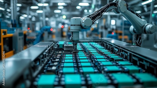 A high tech battery recycling facility with automated robotic arms dismantling and repurposing used batteries into new energy cells. Industrial realism