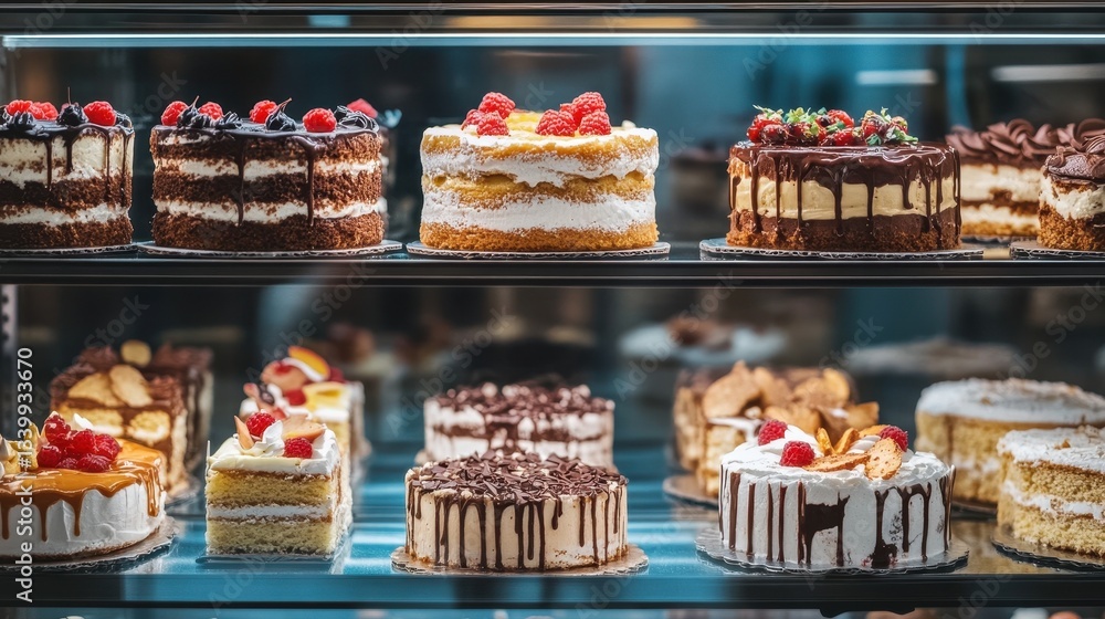 Assorted cakes in display case, variety of tasty desserts, fruit toppings. Perfect for bakery ads, menu design or food related content, sweet temptations. Assorted cakes in display case, variety of tasty desserts, fruit toppings. Perfect for bakery ads, menu design or food related content, sweet temptations.