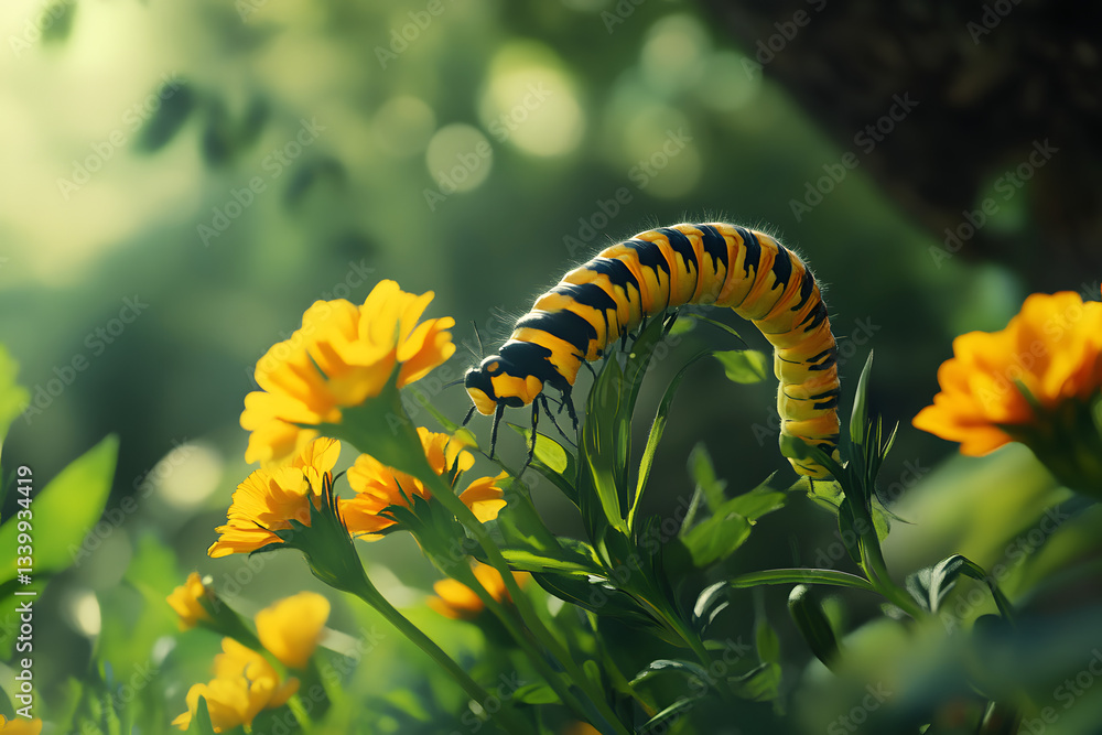 Naklejka premium Caterpillar Climbing a Bright Green Stem