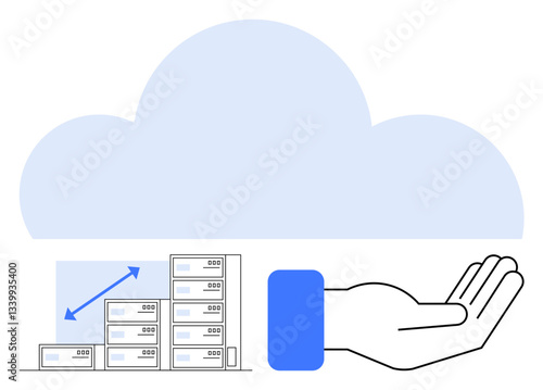 Stacked servers with scaling icon under cloud, supported by an open hand. Ideal for data storage, cloud computing, scalability, technology support, digital services, collaboration future tech. Flat