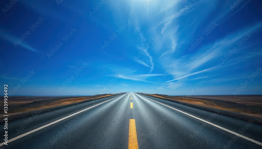 Naklejka premium Endless asphalt road vanishing into a deep blue, cloudless sky, texture, serene