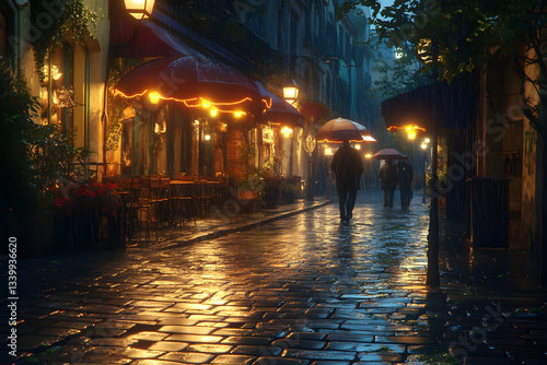 Charming Parisian Street at Night with Rain-Soaked Cobblestones