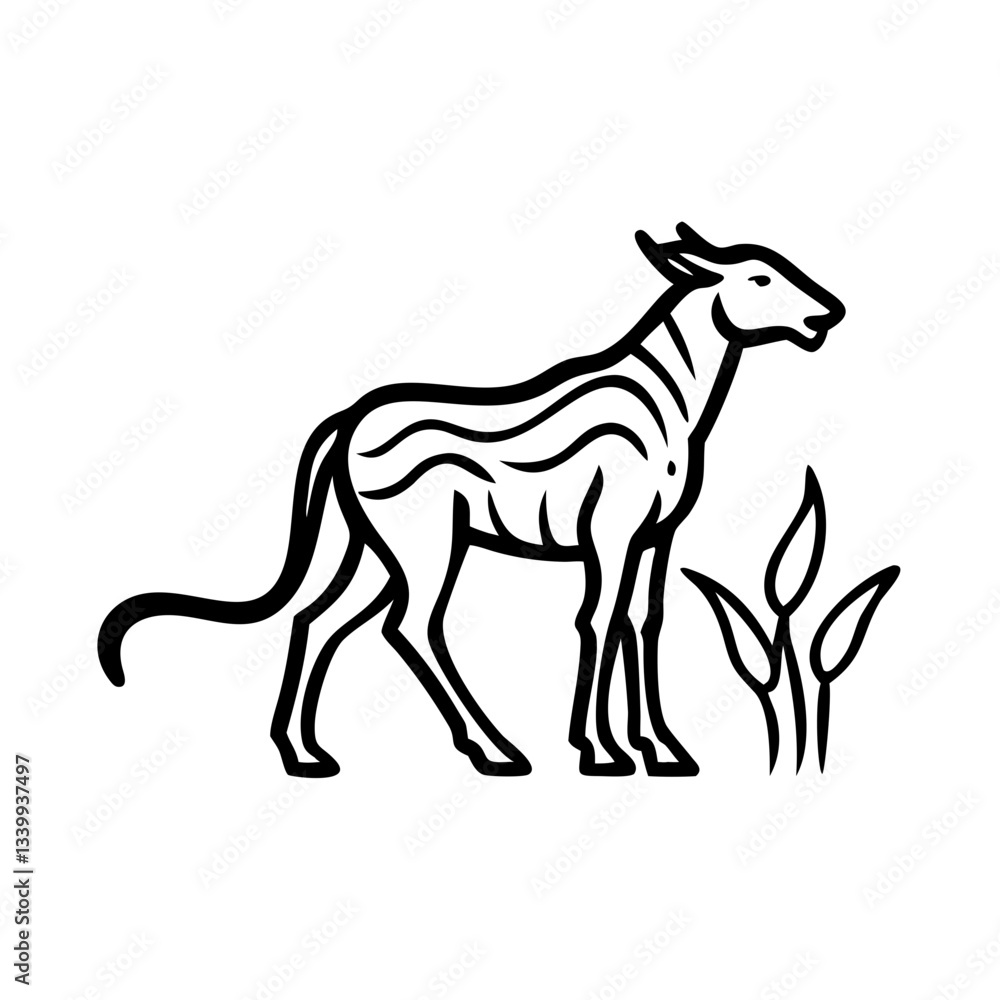Savanna animal icon grazing near plants, nature conservation concept Savanna animal icon grazing near plants, nature conservation concept