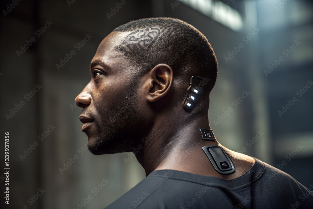 black man captured from a back-side angle, showing the left side of his head and neck. Buttons and lights, embedded in the skin, symbolizing artificial intelligence and human-machine integration black man captured from a back-side angle, showing the left side of his head and neck. Buttons and lights, embedded in the skin, symbolizing artificial intelligence and human-machine integration