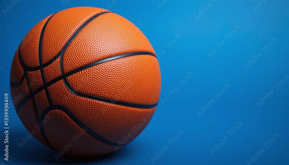 Fototapeta premium An orange basketball with black lines on a blue background in a studio setting with soft lighting