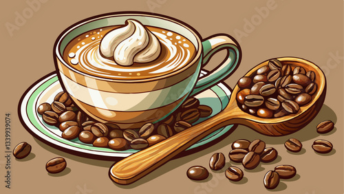 vintage coffee cup brimming with frothy cappuccino sits beside a wooden scoop filled with glossy coffee beans
